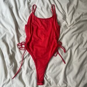 Red One-Piece Bodysuit with Side Ties